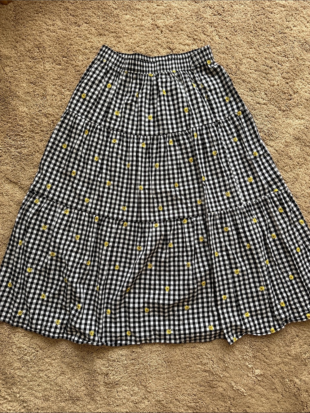 Old Navy Black and White Gingham Midi Skirt with Yellow Floral Accents